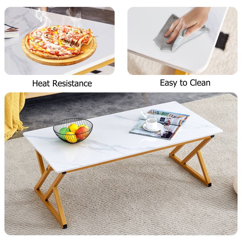 47" Modern Rectangular Coffee Table with Sintered Stone Tabletop and X-shaped Metal Legs