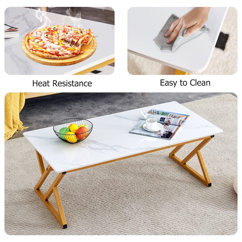 Roomfitters Rock Slab Coffee Table with Gold Metal Legs, Smooth Marble Surface for Modern Living Spaces