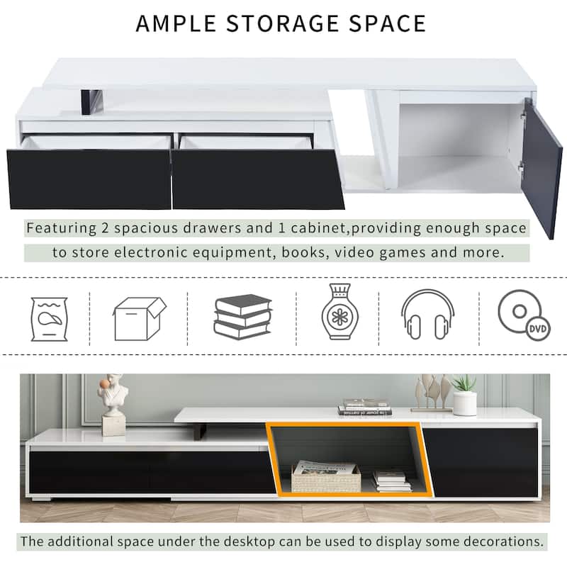 White Modern Extendable TV Stand with 2 Drawers and 1 Cabinet for TVs Up to 100"