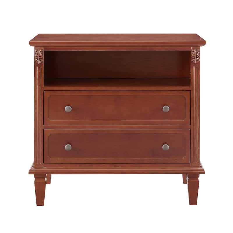 Farmhouse 2-Drawer Dresser Nightstand with Charging Station, USB Ports, Open Shelf & Solid Wood Legs