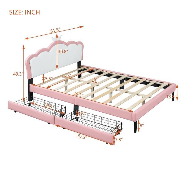 dimension image slide 4 of 6, Upholstered Platform Bed w/ Crown Headboard, Leather Princess Bed Frame with Wood Slats Support for Kids Teens