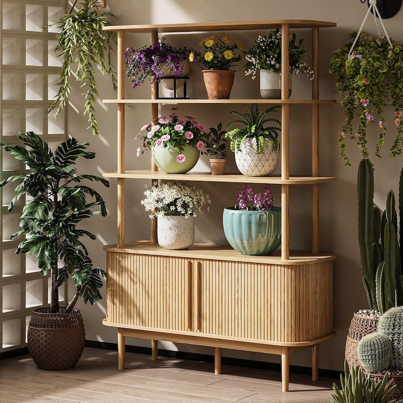 Bookshelf with Sliding Tambour Doors, Mid Century Modern Bookshelf with Storage, Wooden Open Display Shelf - Natural