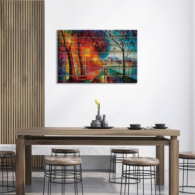 City By The Lake Print On Wood by Leonid Afremov - Multi-Color