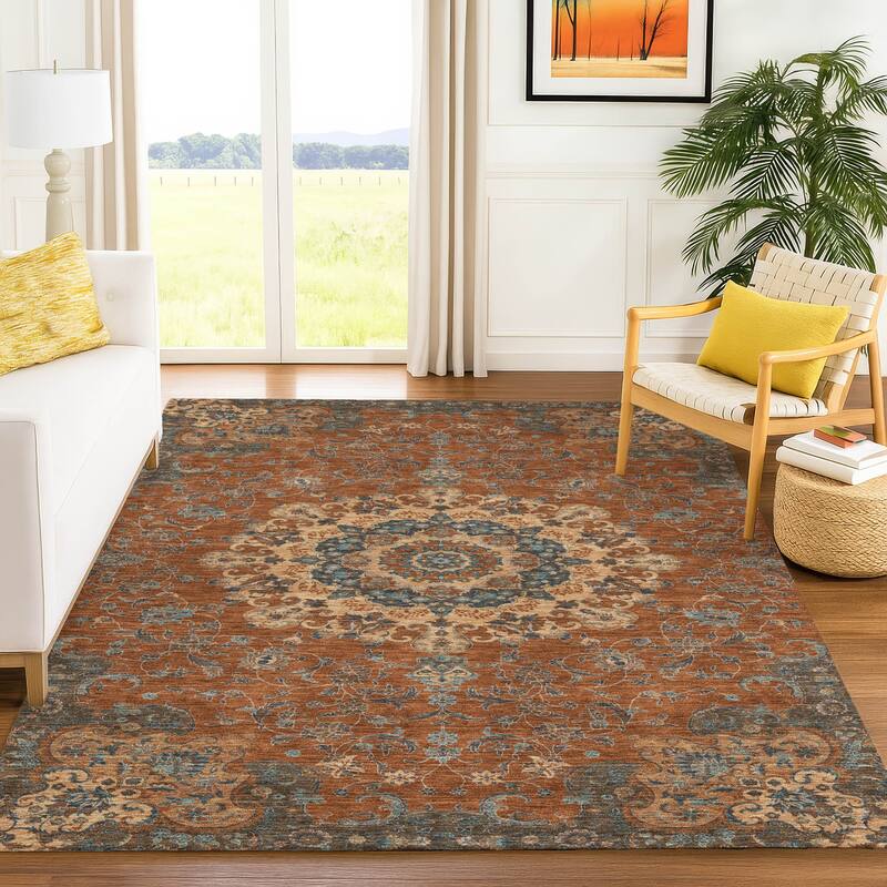 Machine Washable Indoor/ Outdoor Traditional Awaka Chantille Rug