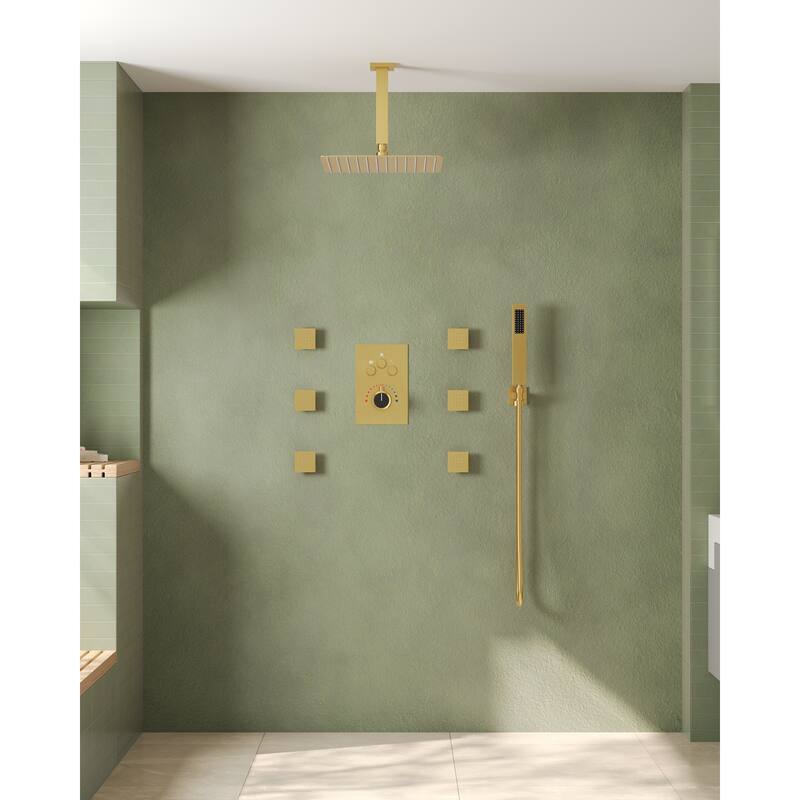 Shower System 12" Ceiling Rain Shower Head with 3-Way Thermostatic Faucet & Body Jets