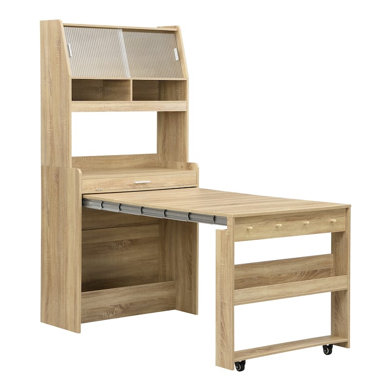 Multifunctional Buffet Hutch and Foldable Dining Table with Storage Unit and Rolling Wheels for Small Spaces - Natural