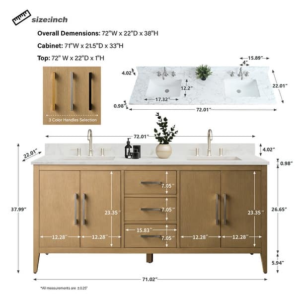 dimension image slide 2 of 10, Vanity Art 72" Double Sink Bathroom Vanity Cabinet with Engineered Marble Top