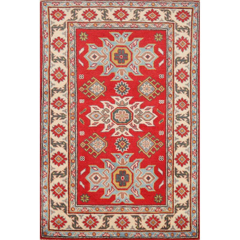 Red Kazak Foyer Rug Hand-Knotted Geometric Bedroom Wool Carpet - 2'8"x 3'11"