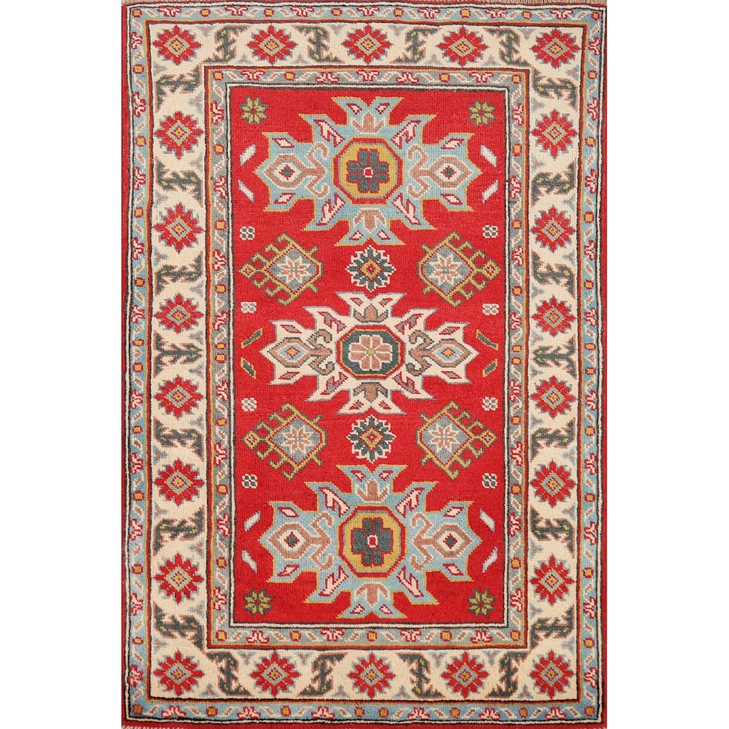 Red Kazak Foyer Rug Hand-Knotted Geometric Bedroom Wool Carpet - 2'8"x 3'11"
