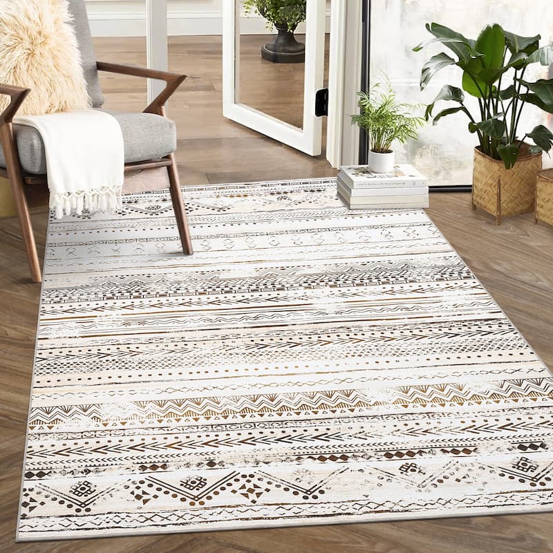 Garvee Geometric Stripes Soft Boho Washable Floor Area Rug - 4' x 6' - Brown