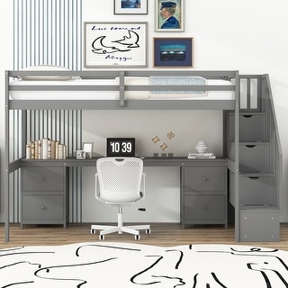 Twin Size Wood Loft Bed with Built-in Desk and Double Storage Drawers,Simple Design
