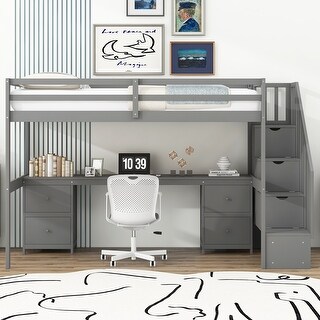 Wood Twin Loft Bed with Desk & Storage Drawers, Staircase & Guardrails
