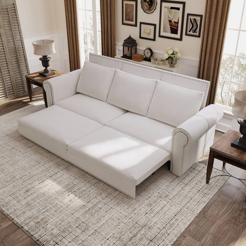 3-in-1 Convertible King Sleeper Sofa with Nailhead Trim & Rolled Arm