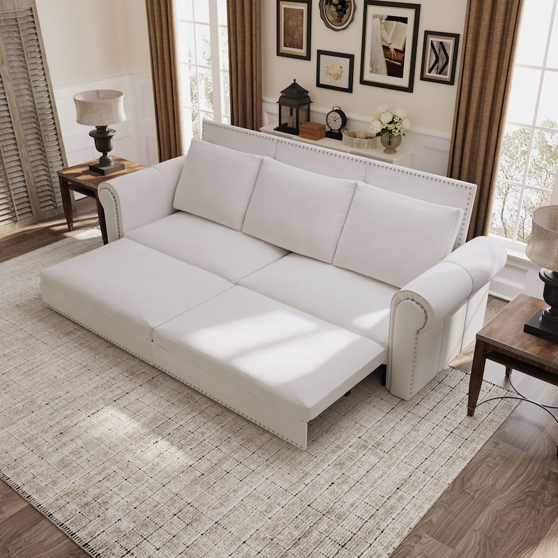 93.7" King Pull Out Sofa Bed w/ Nailhead Trim & Rolled Arm for Living Room Bedroom - White