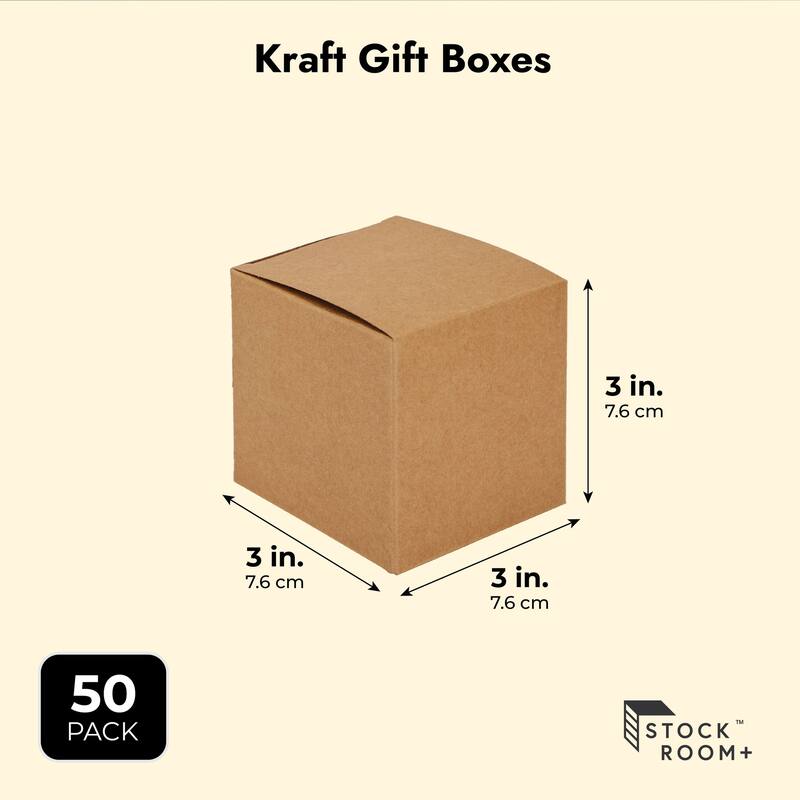 Blue Panda 50 Pack Kraft Brown Paper Gift Boxes, Bulk Set with Ribbon and Stickers, 3x3x3"