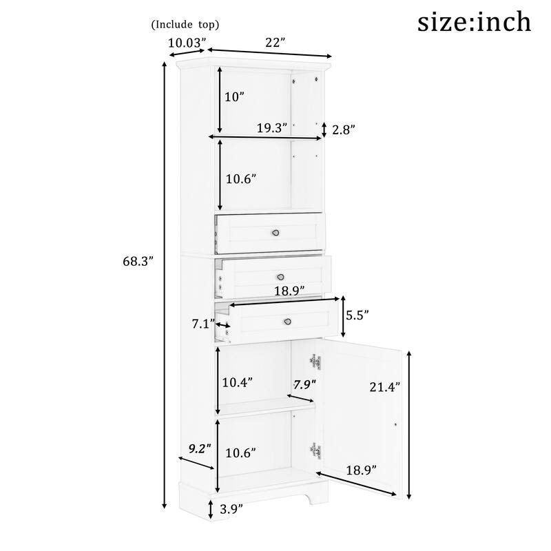 Tall Storage Cabinet with 3 Drawers and Adjustable Shelves for Bathroom, Kitchen and Living Room, MDF Board with Painted Finish
