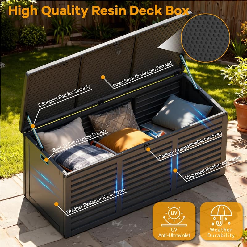 130 Gal. Upgraded Resin Deck Box, Outdoor Storage Box Waterproof with Hydraulic Rod and Side Handle, Lockable