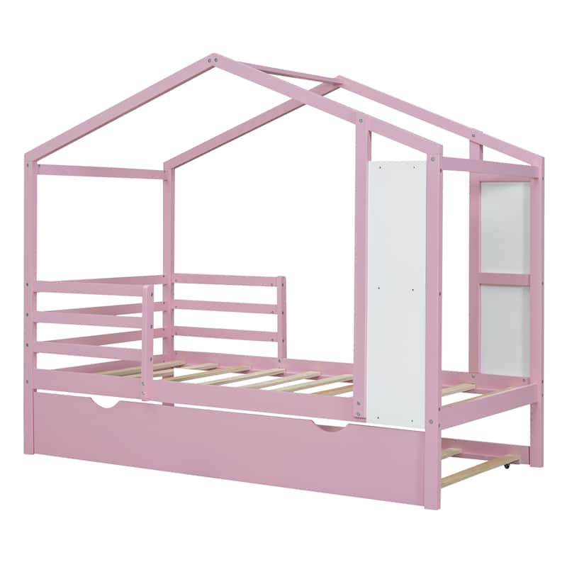 Wood House Bed with Fence and Writing Board