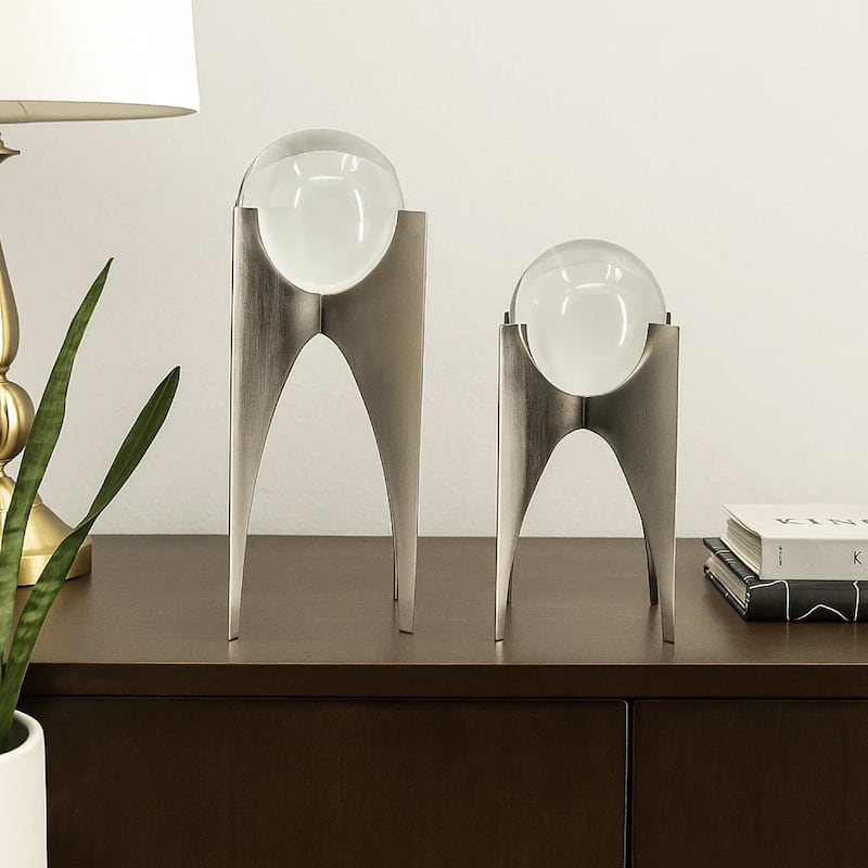 13, 10 Inch Crystal Orb Accent Decor Set of 2, Metal Stand, Art Deco