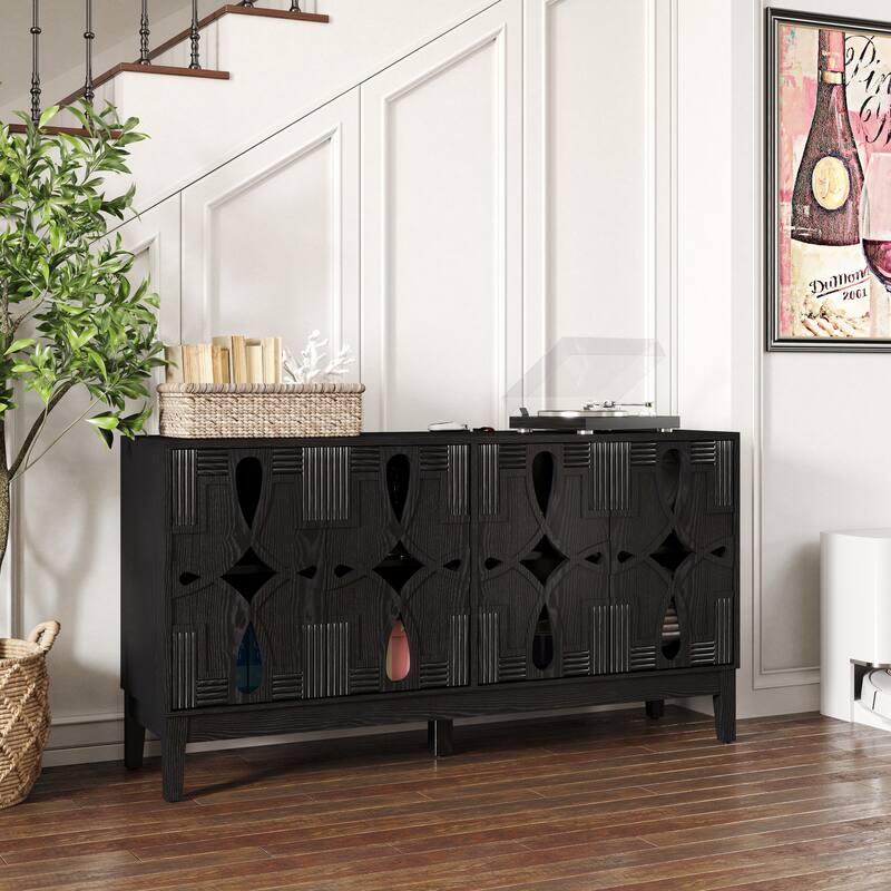 Hollow-Carved Accent Cabinet Sideboard Buffet Cabinet, 60.5" Entrance Storage Cabinet Media Console Table with 4 Doors