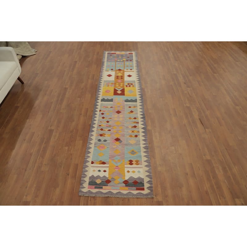 Hand Woven Oriental 100% Wool Carpet Southwestern Tribal Multi-Colored Kilim Runner Rug - 11' 2'' X 2' 6''