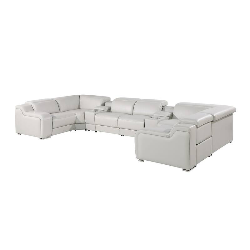 HomeRoots Light Gray Italian Leather Power Reclining U Shaped Eight Piece Corner Sectional With Console