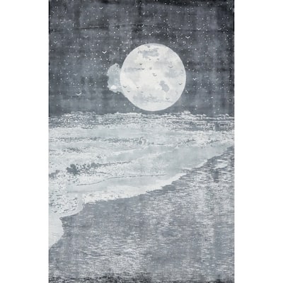 Hand Knotted Oriental Viscose Silk Carpet Modern Pictorial Greys & Charcoal Abstract Area Rug - 7' 7'' X 5' 7''
