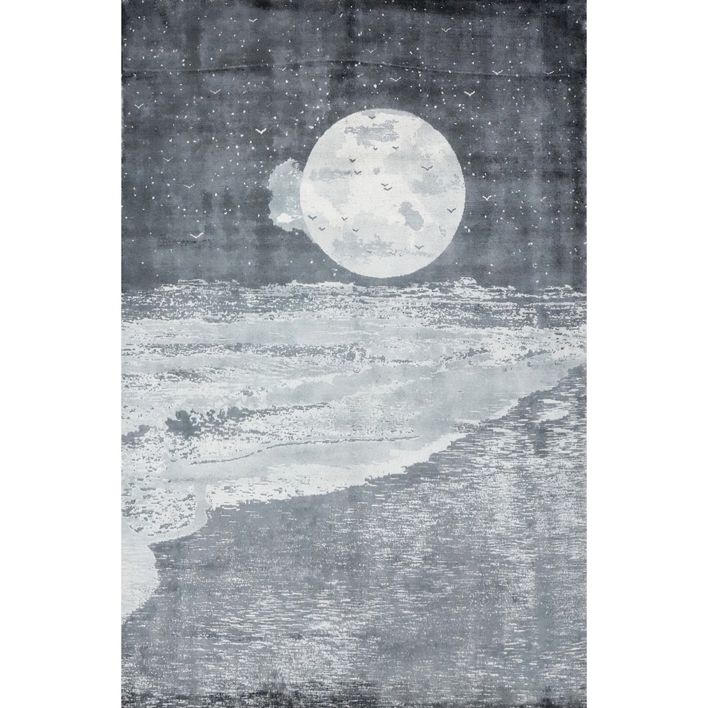 Hand Knotted Oriental Viscose Silk Carpet Modern Pictorial Greys & Charcoal Abstract Area Rug - 7' 7'' X 5' 7''