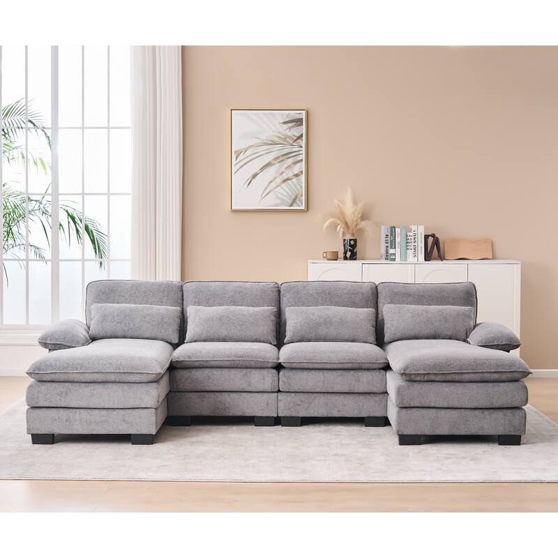 U Shape Cloud Couch 111.8",4-seat Velvet Fabric Upholstered Sofas with Chaise Lounge & Pillows