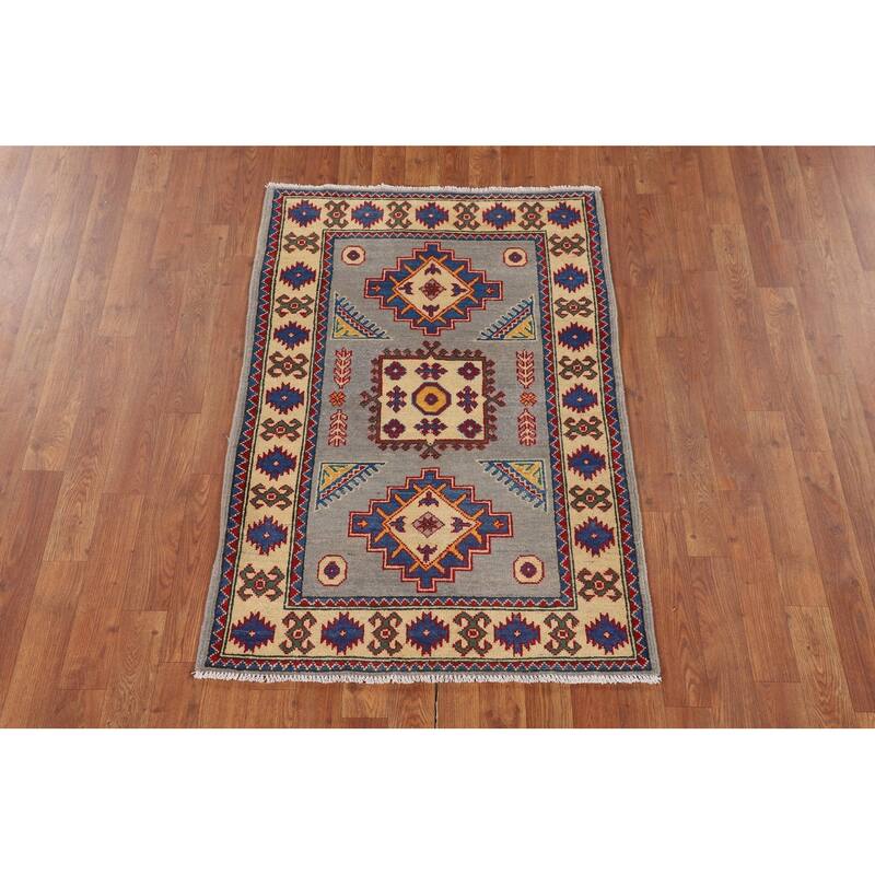Gray Geometric Kazak Rug Handmade Foyer Wool Carpet - 2'9" x 4'1"