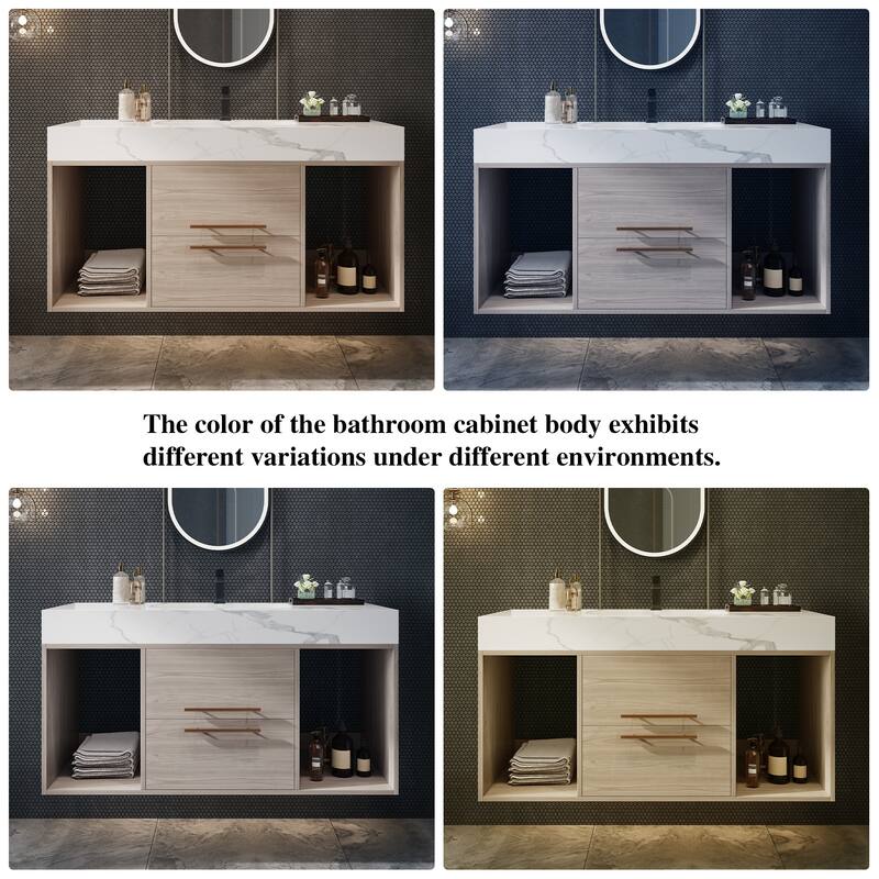 Floating Bathroom Vanity with Ceramic Sink, Rectangle Bathroom Storage Cabinet with Sintered Stone Countertop