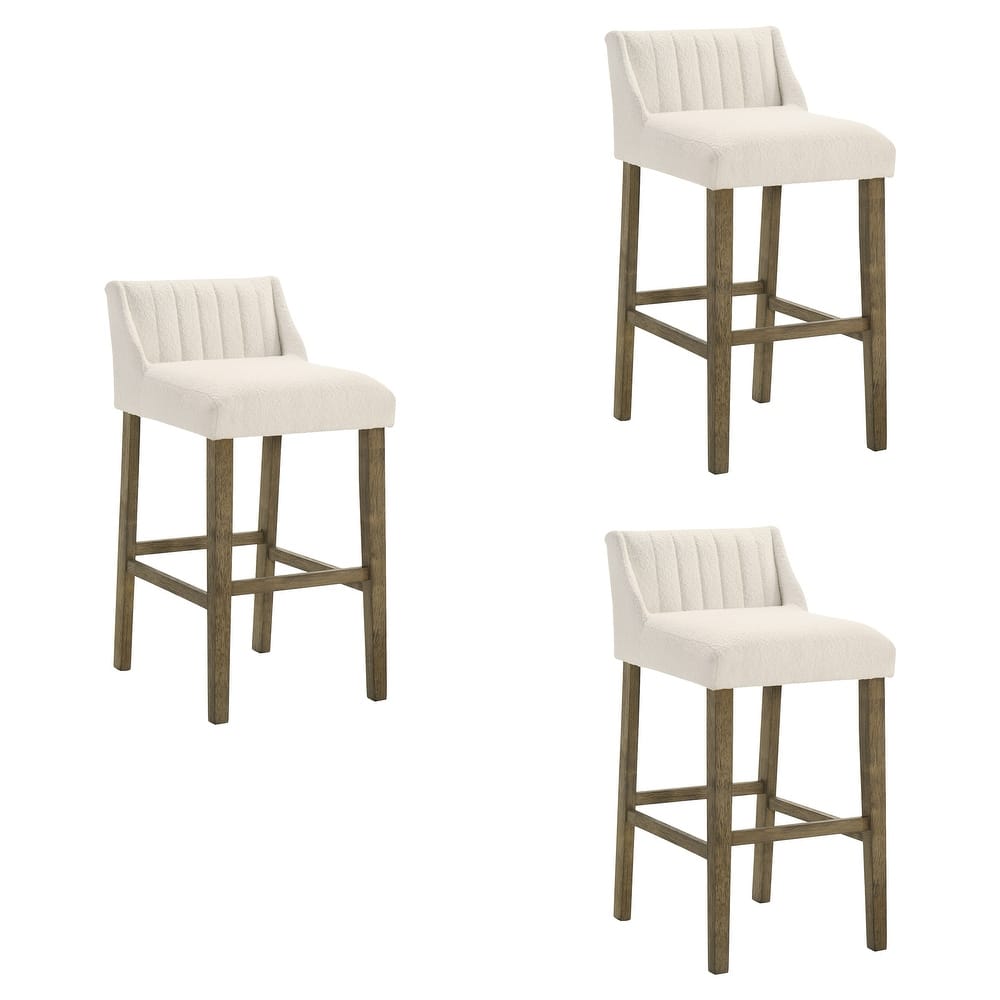 Fauna Low-Back Boucle Bar Stool, Upholstered Counter Height Kitchen Barstool with Wood Legs