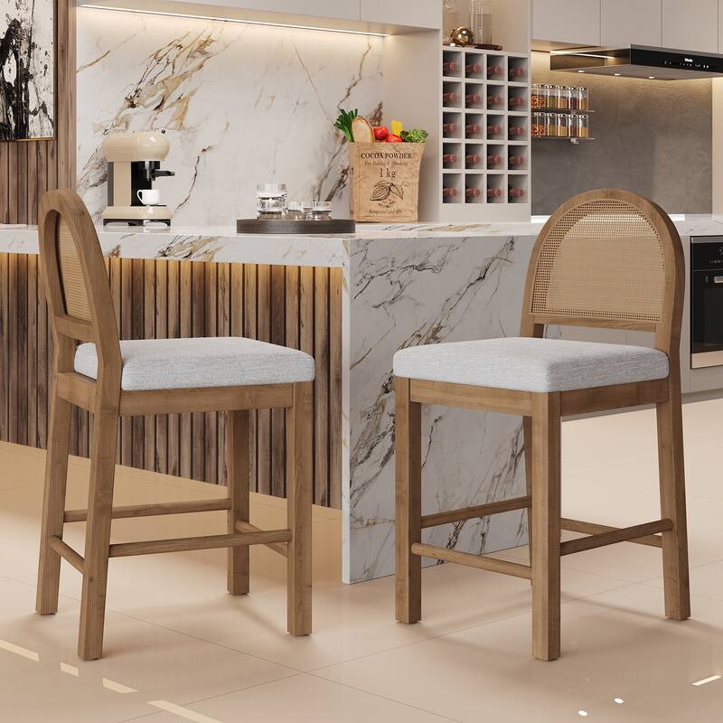 Christopher Knight Home - Elowen Natural Rattan Woven Back with Upholstered Counter Bar Stool (Set of 2)