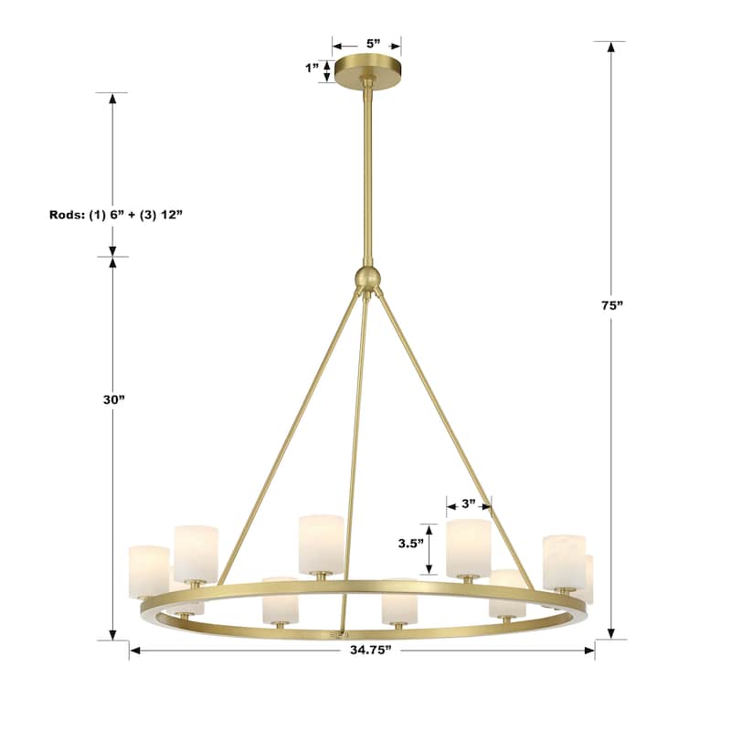 Aragon 10 Light Soft Brass Chandelier - 34.75"W x 30"H x 34.75"D