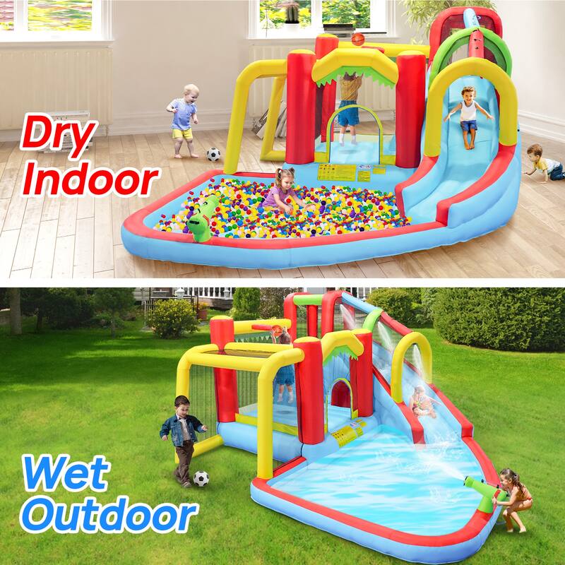 7 in1 Inflatable slide water park bouncing house outdoor Soccer garden bouncer with Splash pool & Water gun & Climbing wall