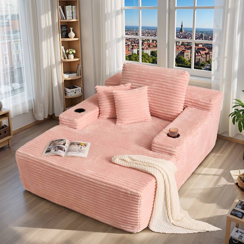 HOOOWOOO Modern Upgraded Fabric Chaise Lounge Sofa Couch with Holder - Pink