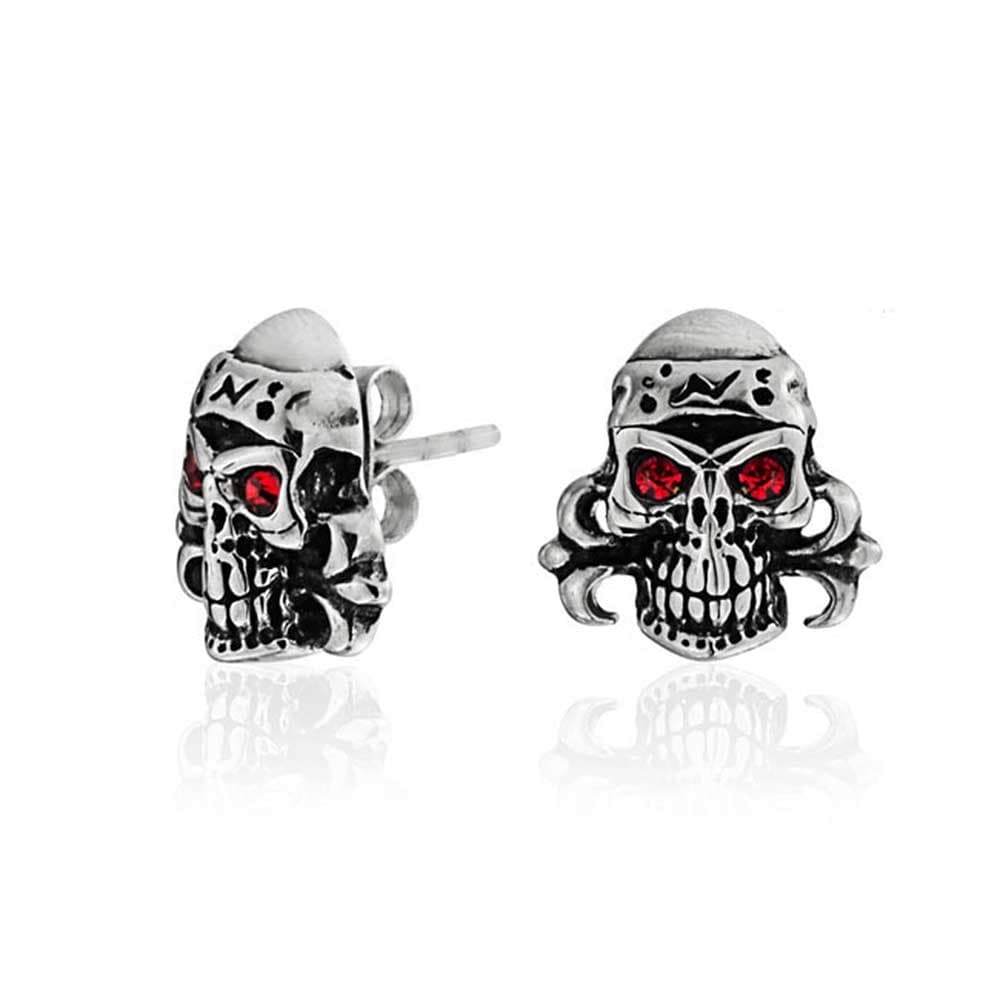 Caribbean Pirate Skull Red Crystal Eyes Stud Earrings For Men Women Silver Tone Black Oxidized Stainless Steel Caribbean Pirate Skull Red Crystal Eyes Stud Earrings For Men Women Silver Tone Black Oxidized Stainless Steel