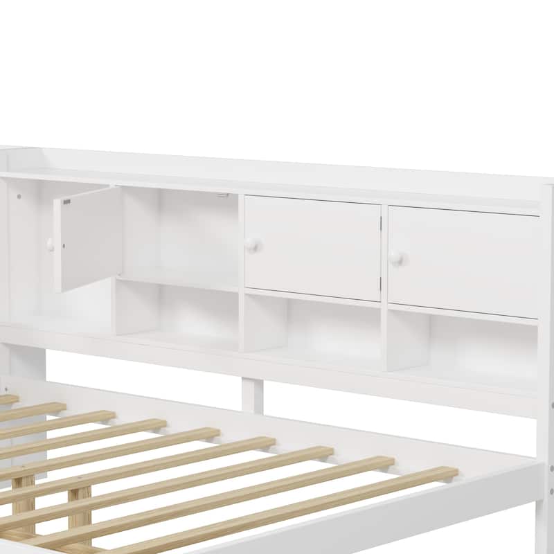 Full Size L-Shaped Daybed with Desk, Bookshelf, Cabinets & Drawers, Multi-Functional Wood Bed with Storage for Kids or Teens