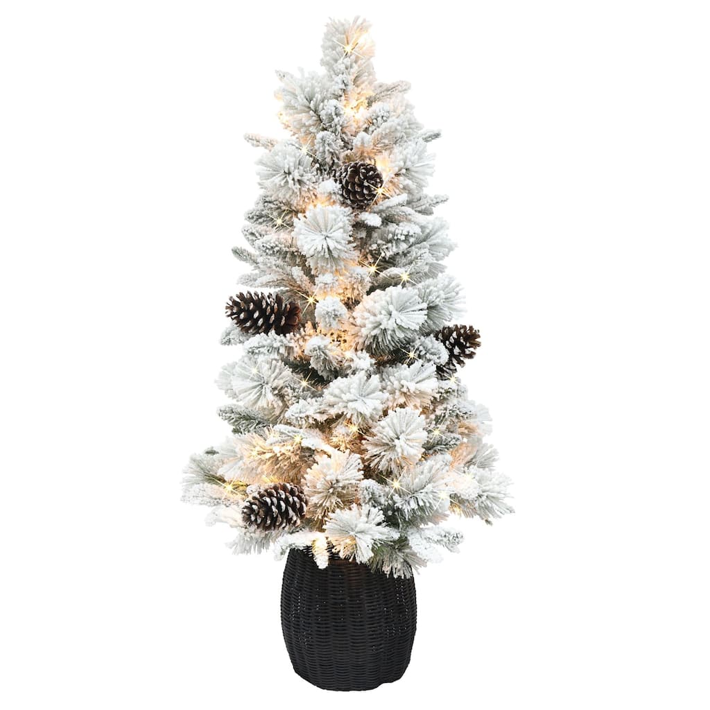 4.5' Potted Flocked Pine Slim Artificial Christmas Tree, Clear Lights - 4.5 Foot