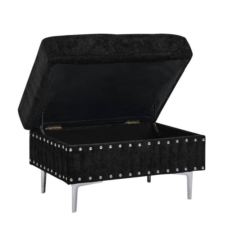 Roomfitters Sectional 3-Seater Sofa with Chaise, Storage Ottoman, Metal Legs, Nailhead Trim and Two Pillows