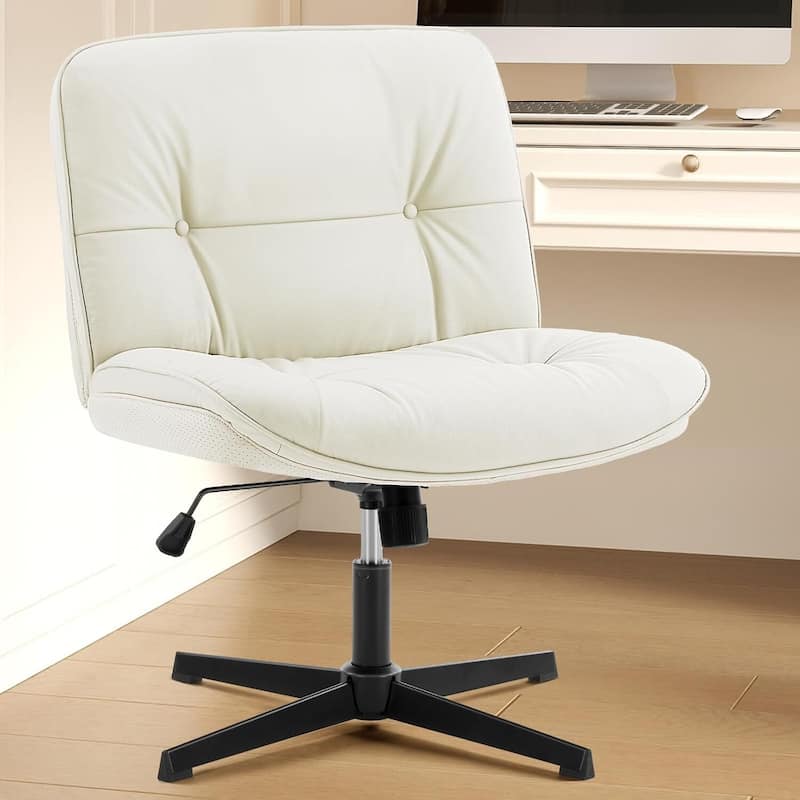 PU Leather Tilt Wide Seat Ergonomic Task Chair with Armless, Criss Cross Legged and No Wheels - Beige