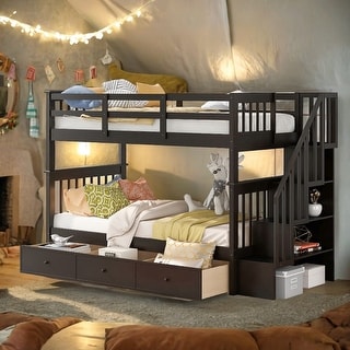 Artsy Twin-Over-Twin Bunk Bed with Three Drawers and Storage Stairway for Bedroom, Maximized Space, Espresso
