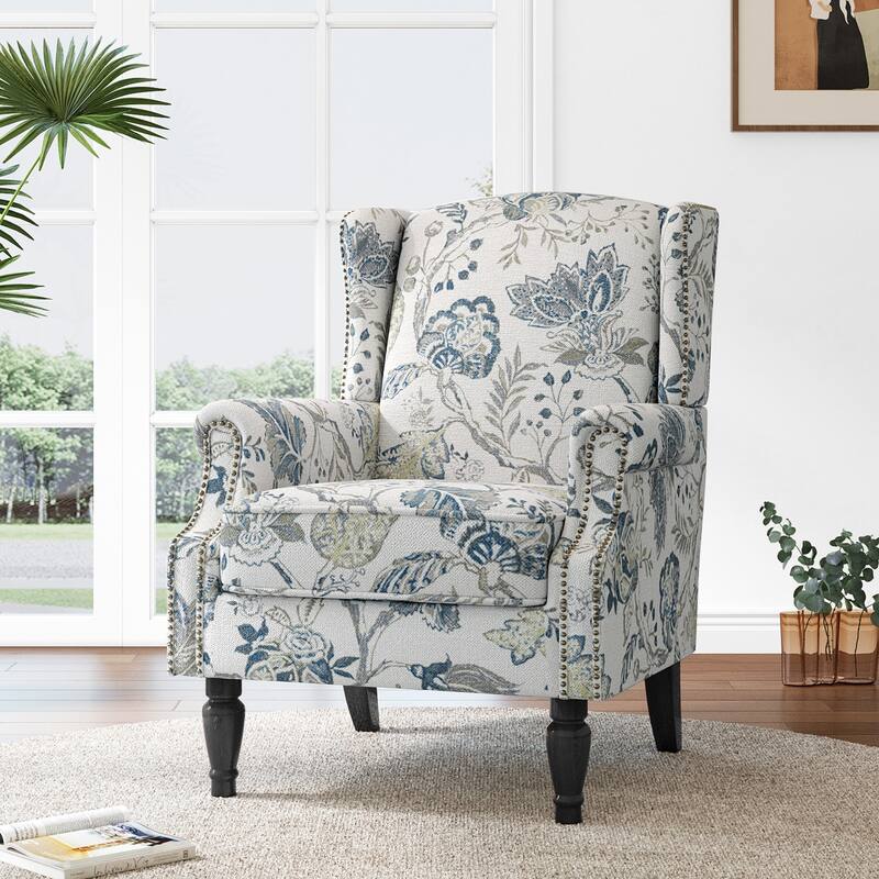 Mid-Century Modern Linen/ Vegan Leather Wing Back Accent Chair - Plants Blue-Linen