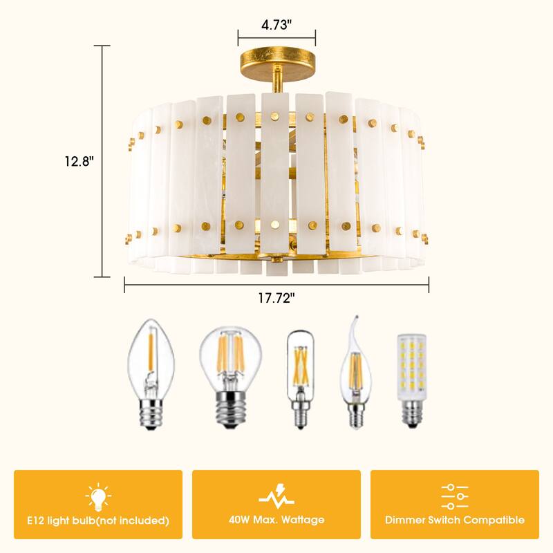 Gold Vintage Imitation Marble 4-Light Drum Semi-Flush Mount Ceiling Light - 17.72-inch W x 12.8-inch H