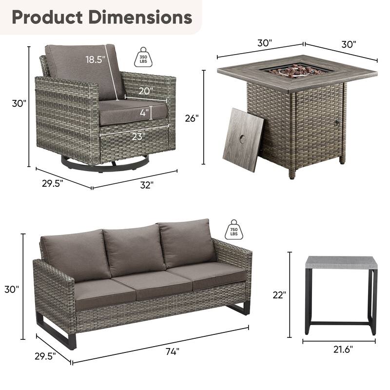 5 Pieces Fire Pit Table with Sofa Swivel Chair Set