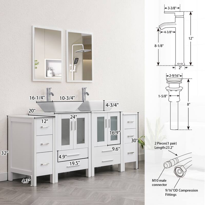 72" Bathroom Vanity Set Glass Ceramic Vessel Sink Side Cabinet Combo