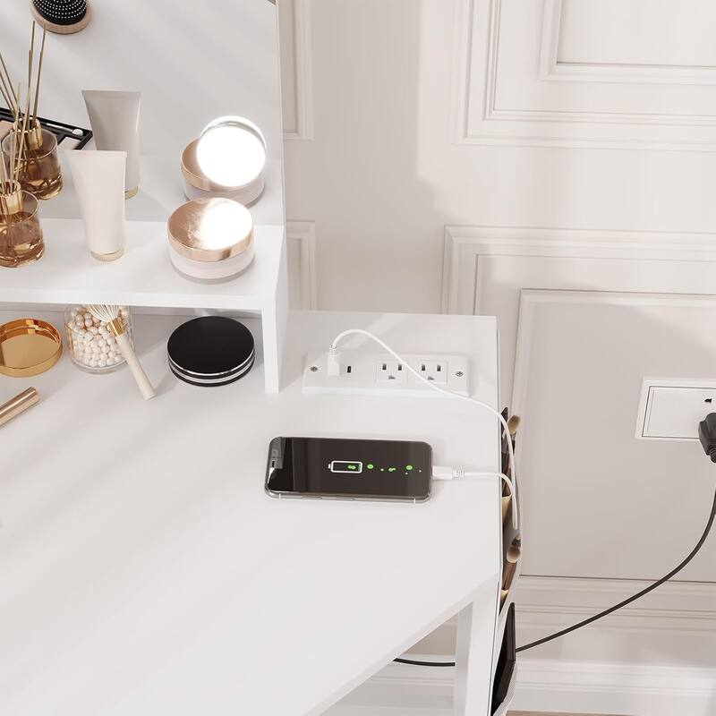 Corner Vanity Desk and Stool, Makeup Dressing Table Set with Light Bulbs Mirror