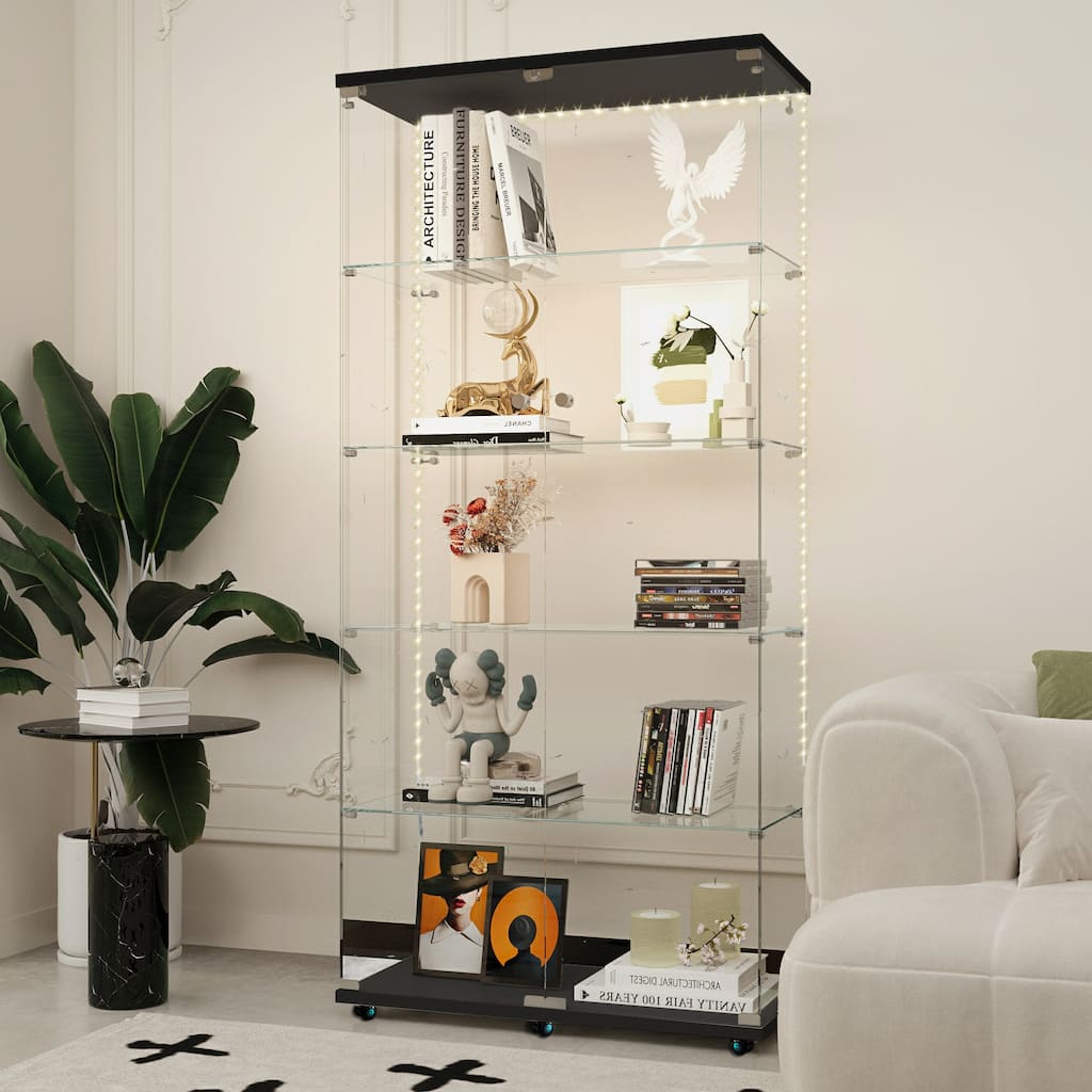 Tempered glass cabinet,wine cabinet,storage cabinet,file cabinet,with Bluetooth LED light,lock on the door,equipped with cast