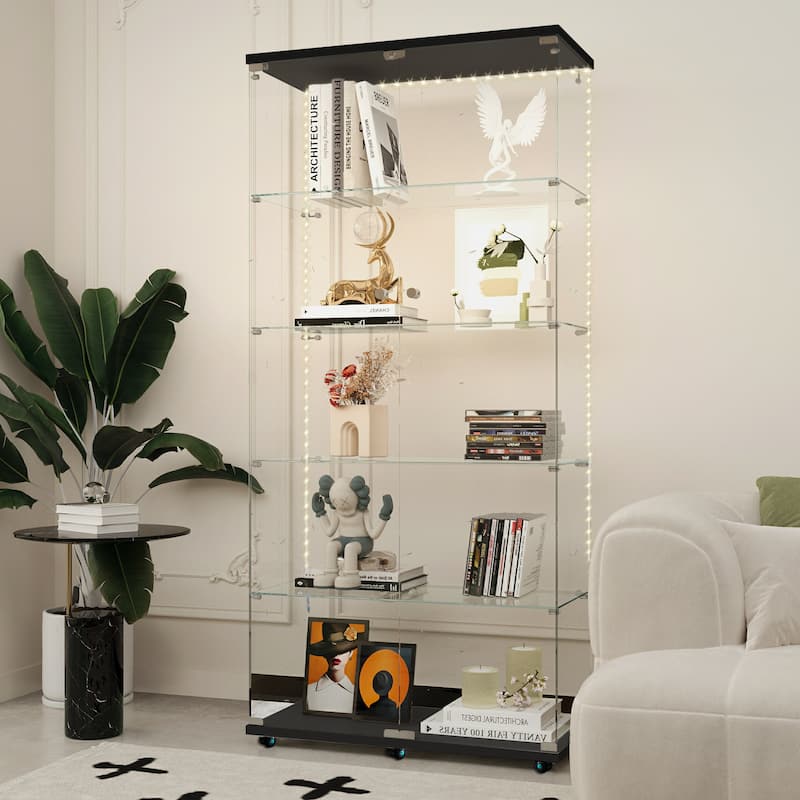 Tempered glass display cabinet, file cabinet, with Bluetooth LED light strip, lock on the door,equipped with cast, easy to move - Black