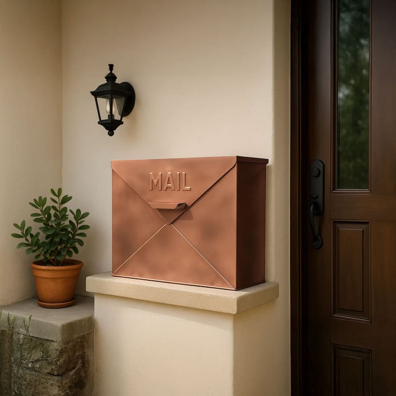 Envelope Shaped Wall Mount Metal Mail Box, Copper